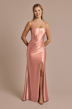 Double Strap Satin Square Neck Dress with Slit | David's Bridal